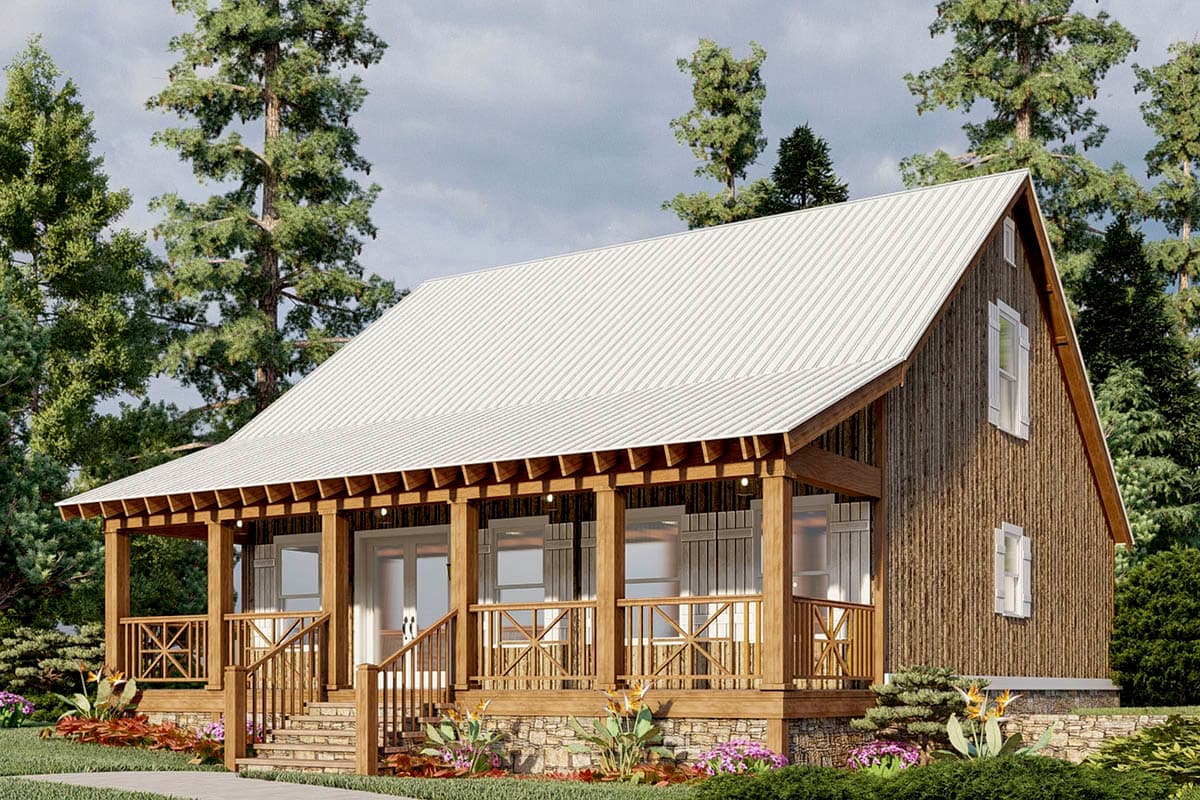 House plan exterior with wood siding and a metal roof. Features include a covered porch with exposed beams and a stone foundation.