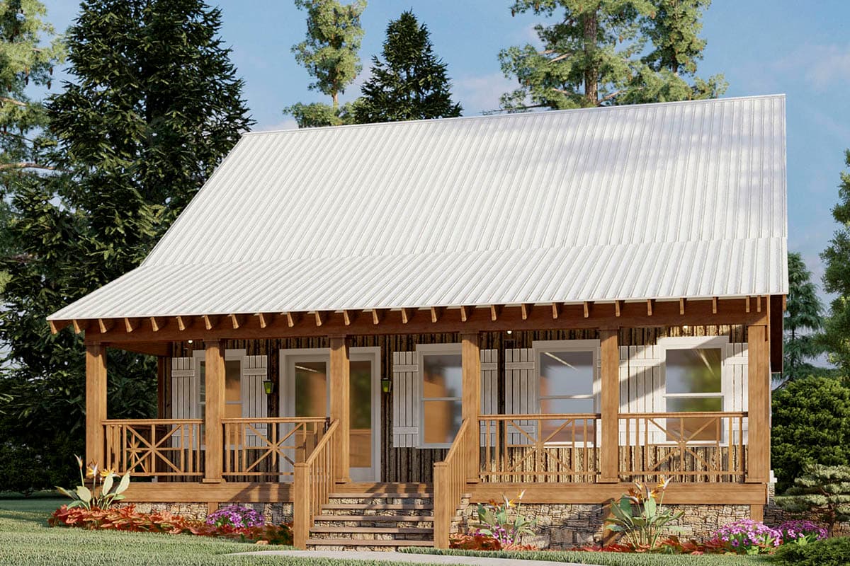 House plan exterior: one-story cabin with metal roof, covered porch, stone base, and wood siding.