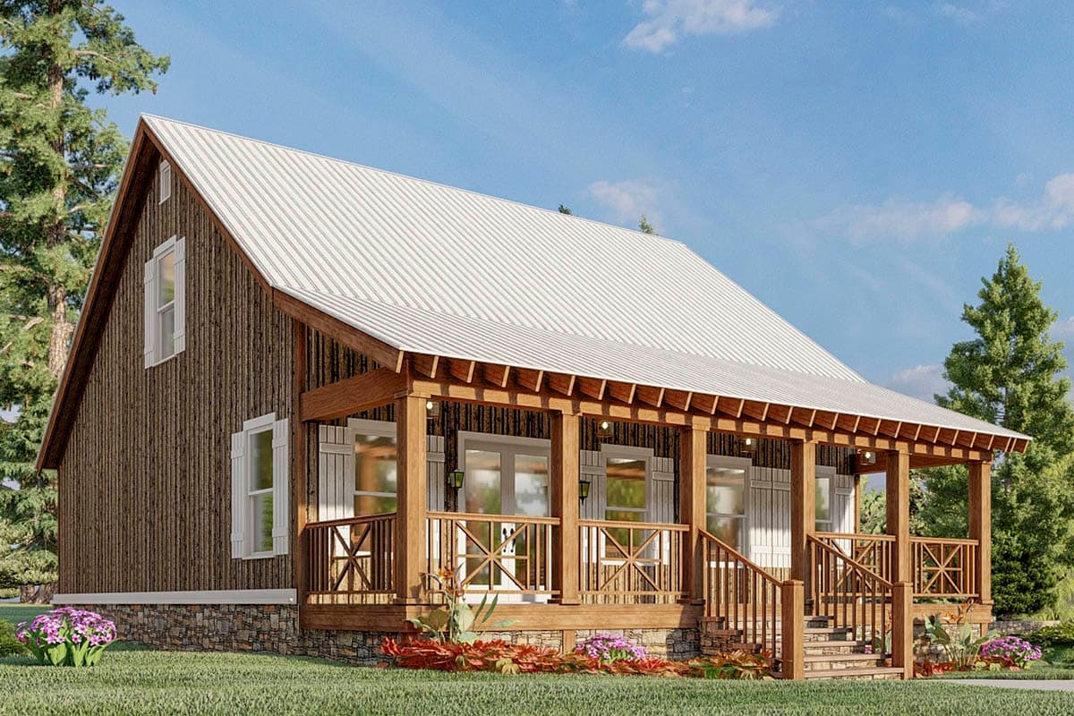 House plan exterior: Two-story home with wood siding, metal roof, and a wraparound porch supported by wooden posts.