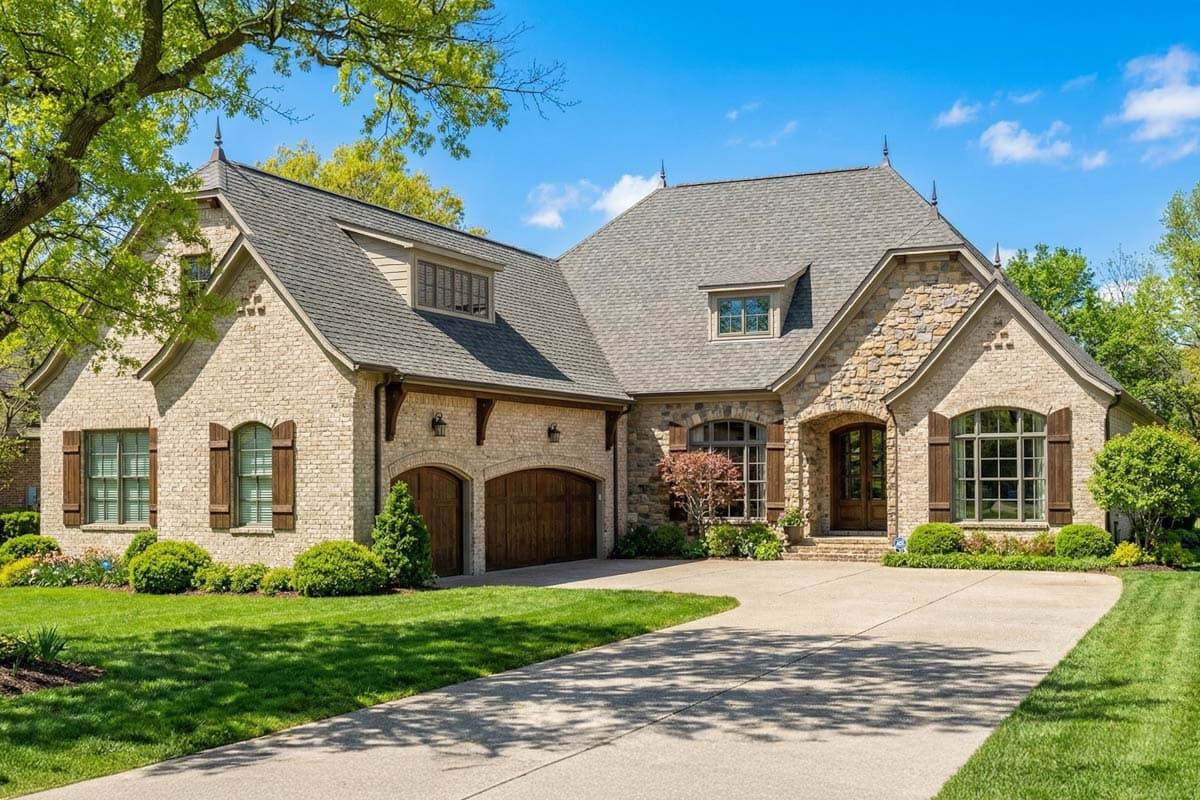 A stately two-story home with a mix of stone and brick facade. The house features a gray shingled roof, arched entryway, and a long concrete driveway.