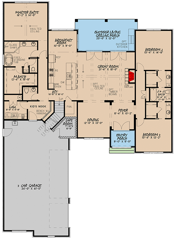 Plan 70519MK: 3-Bed French Country with Bonus Over Garage - 2409 Sq Ft - Floor Plan - Main Level - European, French Country