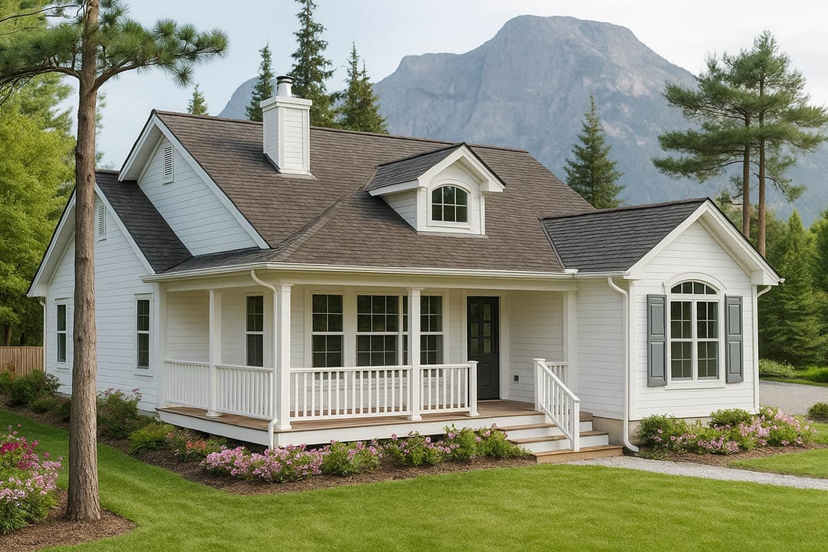 House plan exterior: One-and-a-half-story home with a wrap-around porch, gable dormer, and prominent chimney.