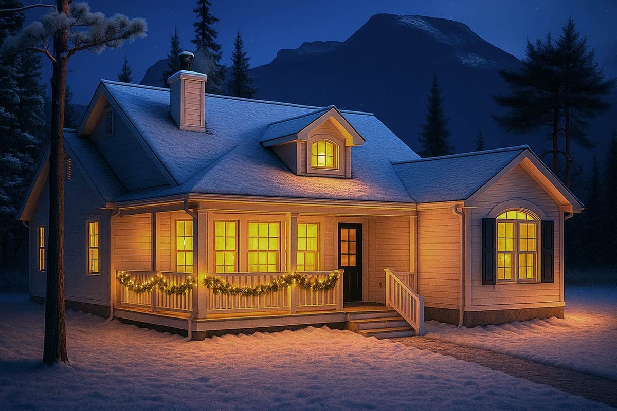 House plan exterior: One-story home with a covered porch, gabled dormer, prominent chimney, and arched window.