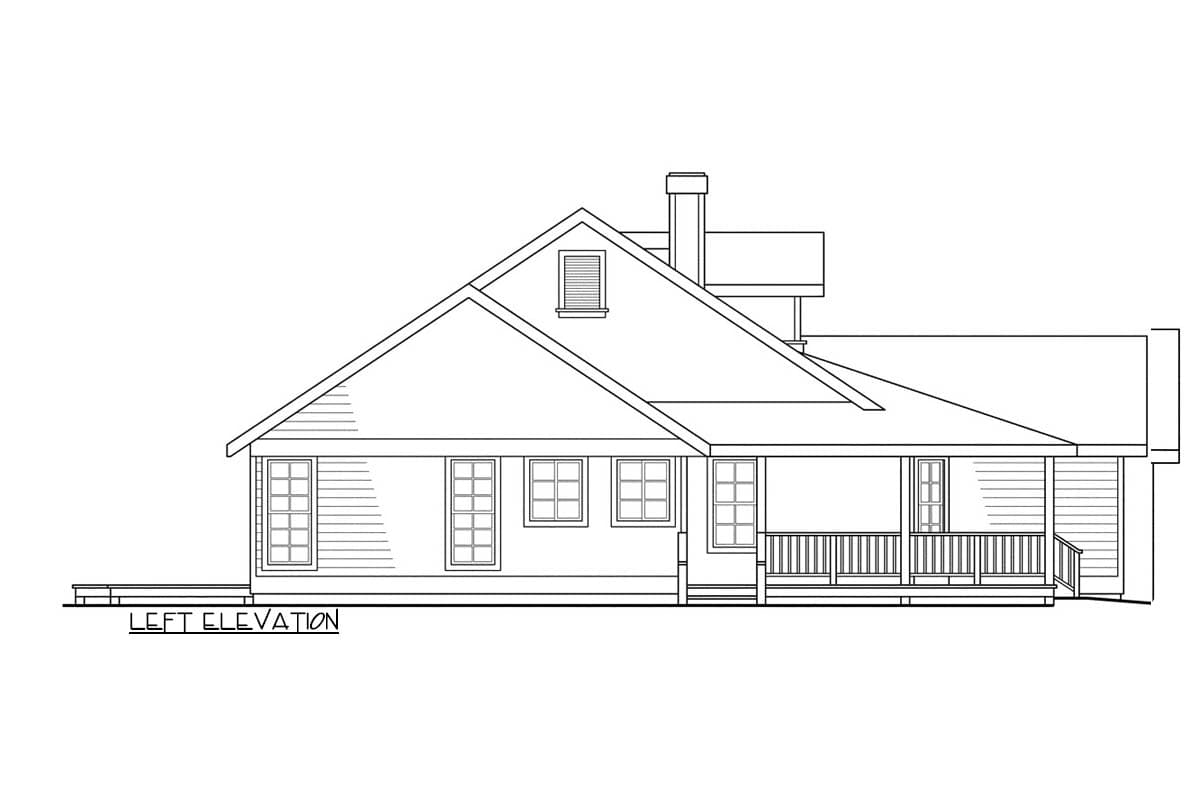 Left elevation drawing of a one-story house with a prominent gable, porch, and dormer.