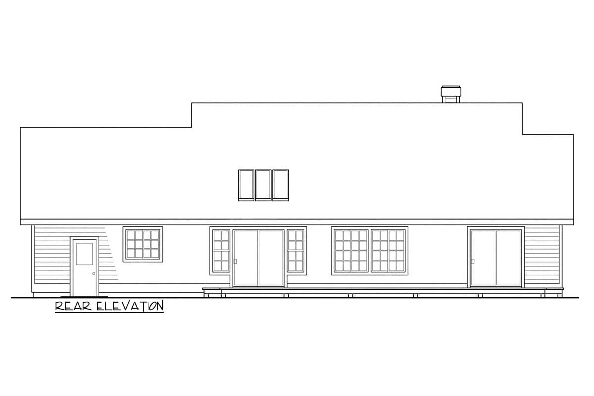Rear elevation house plan showing a two-story structure with horizontal siding, a rear deck, and multiple windows.