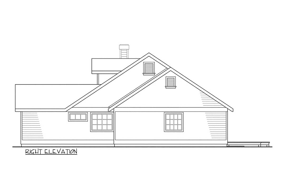 Right elevation drawing of a house plan featuring multiple gables, dormers, a chimney, and a deck.