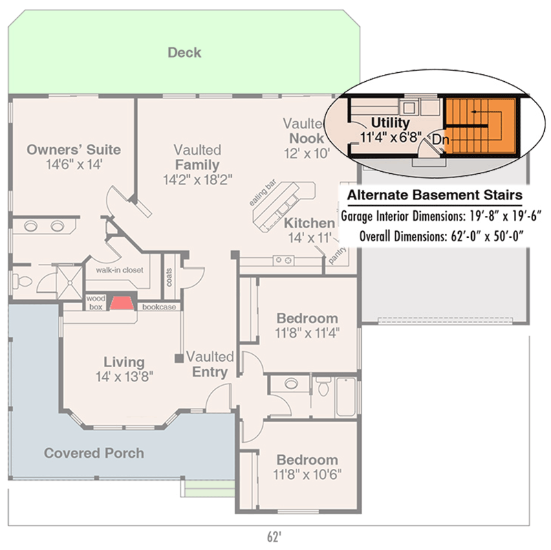 Plan 72007DA: Charming Country Cottage House Plan with Wrap-Around Porch and Split Bedrooms - Floor Plan - Basement Stairs Location - Cottage, Country, Traditional