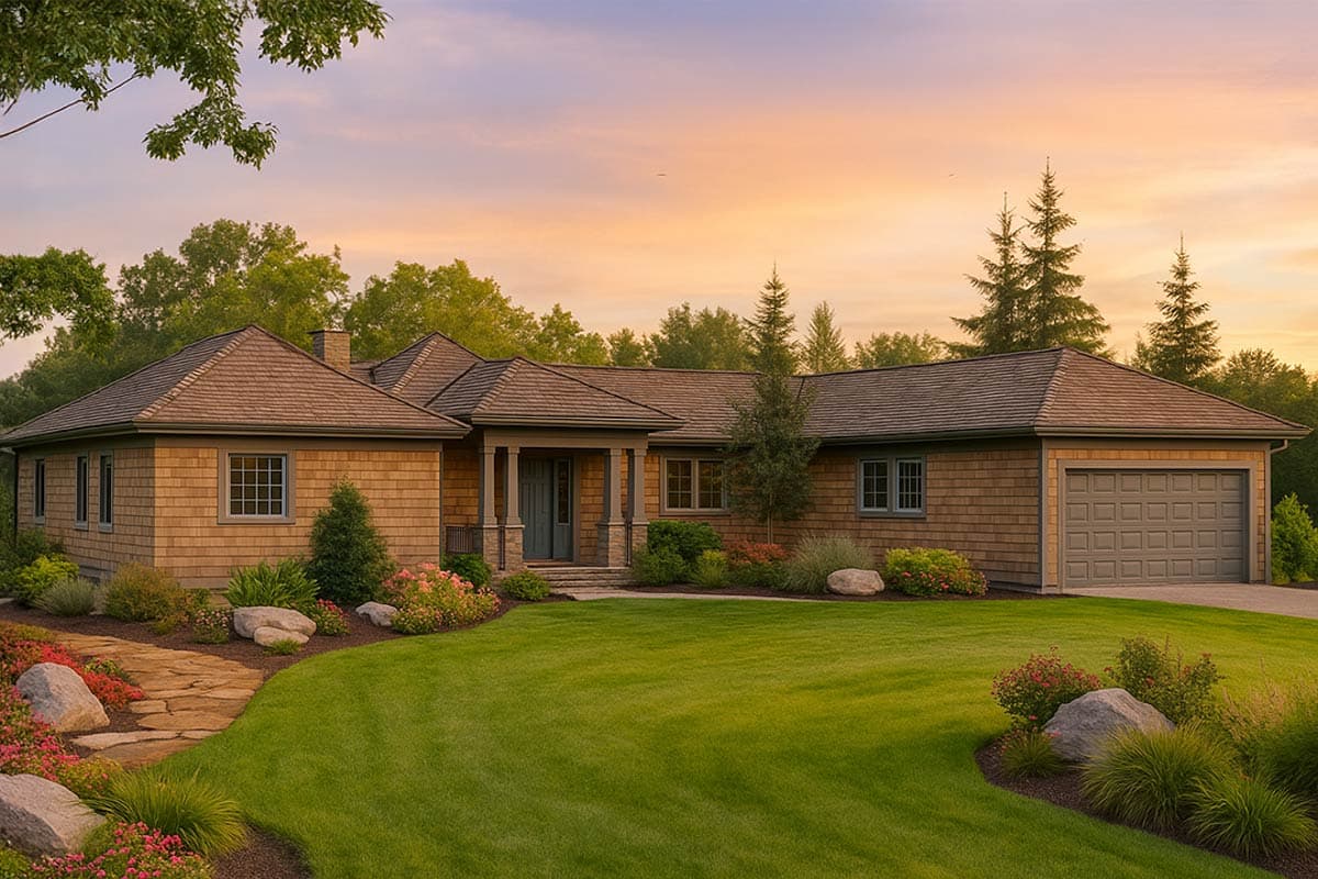 House plan exterior featuring a single-story design, a covered entry porch, gabled roof, and attached garage. Exterior clad in wood shingles.