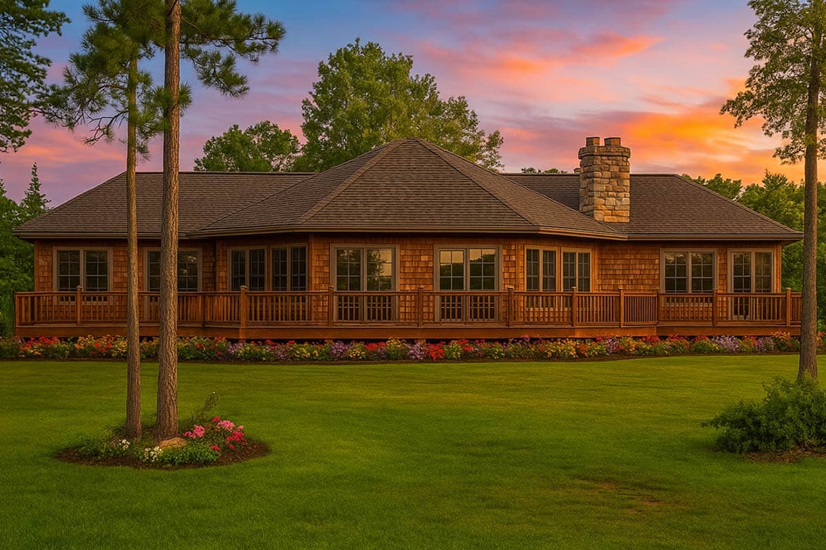 House plan exterior: Single-story home with wrap-around deck, prominent stone chimney, and a multi-sided roof.