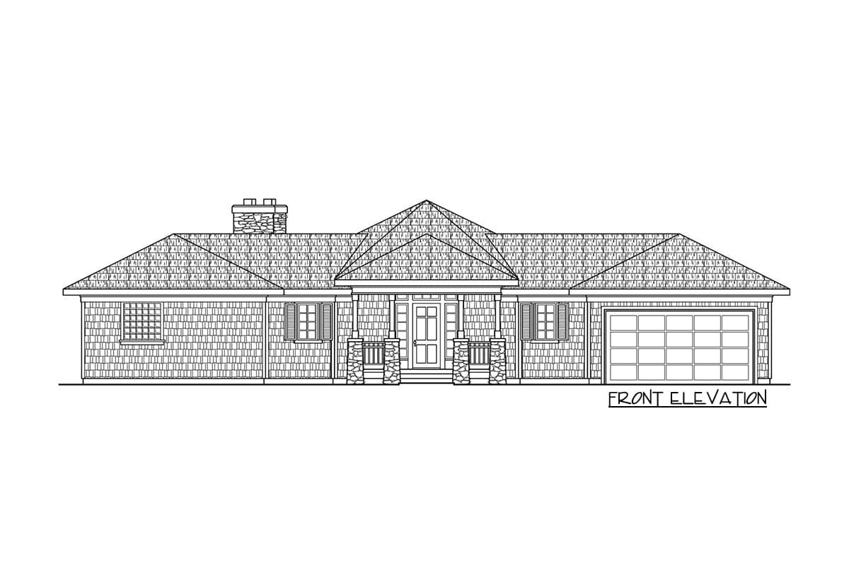 Front elevation house plan of a one-story home with a prominent central gabled roof, covered porch, stone chimney, and attached garage.