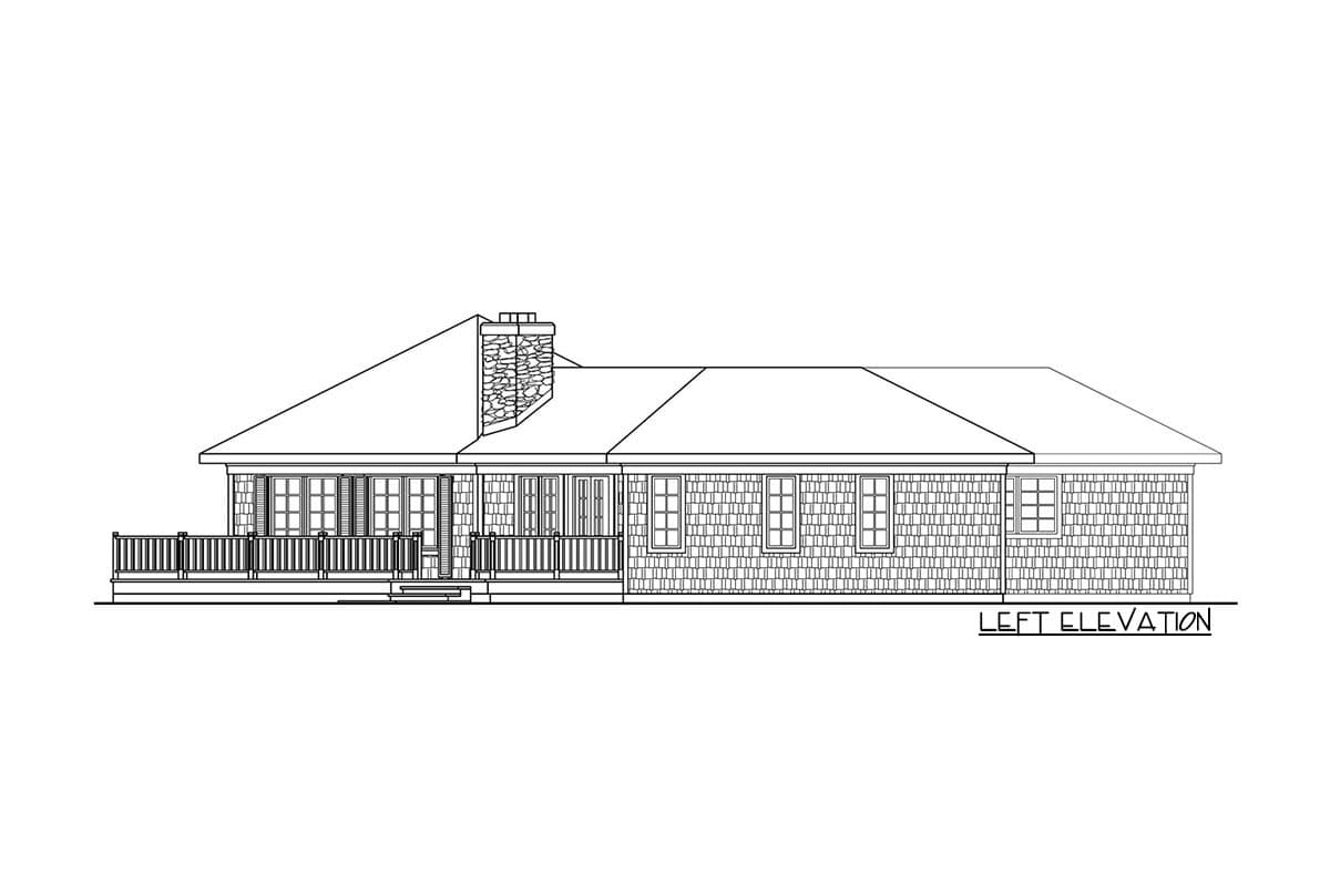 Left elevation house plan: one-story, hip roof, stone chimney, full-width porch with railing, and multiple windows.
