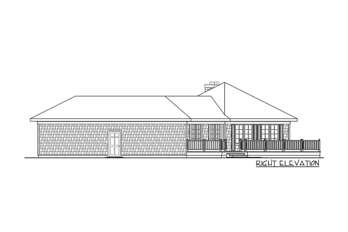 Right elevation house plan with shingle siding, door, deck, windows, and chimney. Single story.