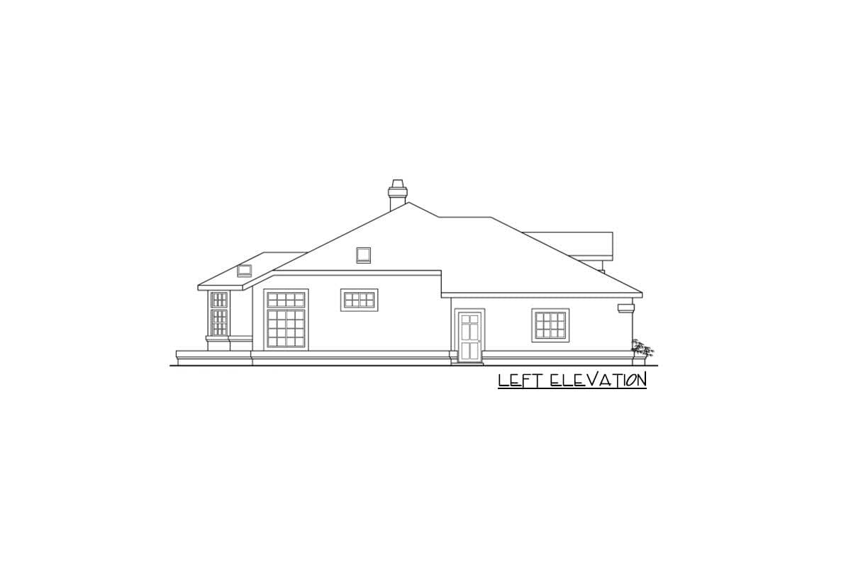 Left elevation house plan showing a single-story structure with a hip roof, multiple windows, and a central door.