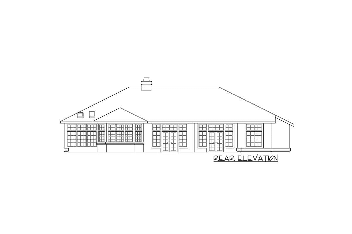 Rear elevation drawing of a house plan with multiple windows and double doors, featuring a prominent roofline and chimney.