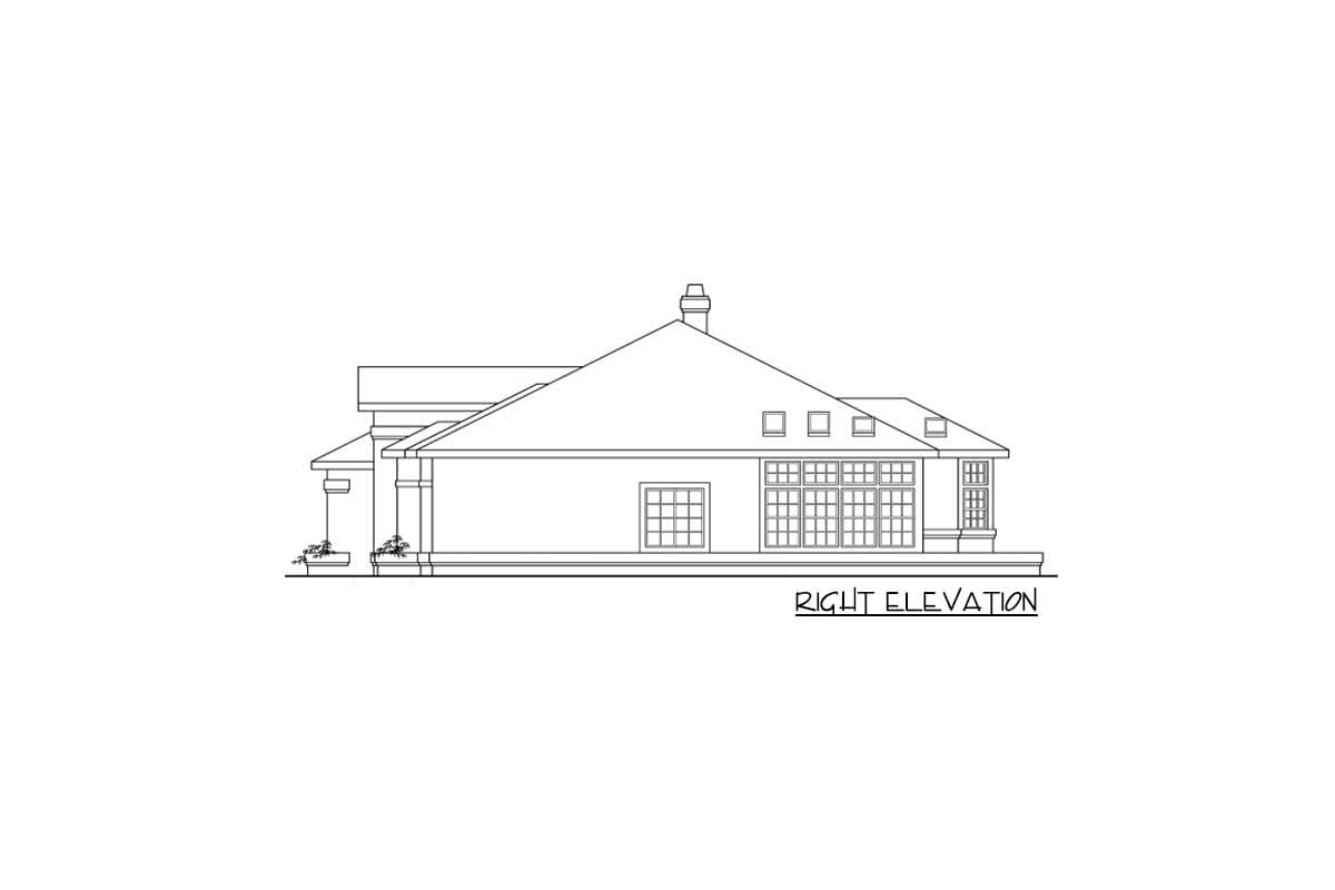 Right elevation drawing of a house plan featuring a hip roof, dormers, chimney, and large multi-pane windows.