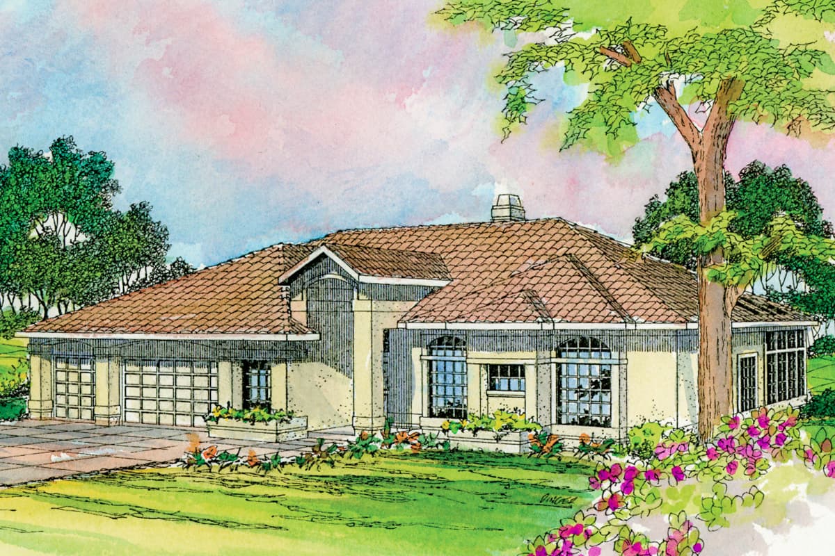 House plan exterior: Single-story residence with a tiled hip roof, attached three-car garage, and arched windows.