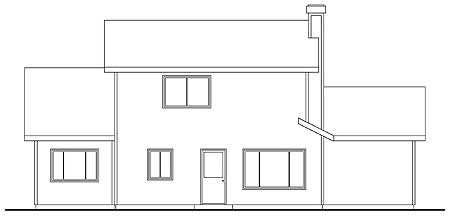 Front elevation drawing of a two-story house plan with a central door, multiple windows, and a chimney.
