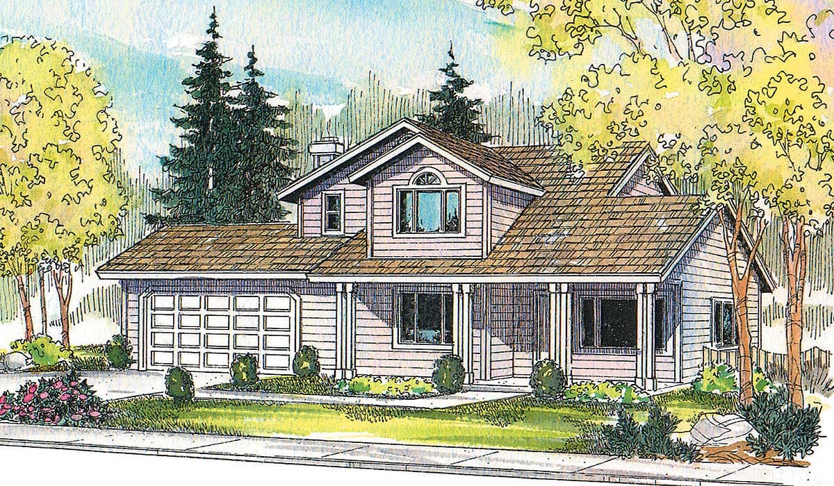 House plan exterior: Two-story home with attached garage, front porch with columns, and dormer window.