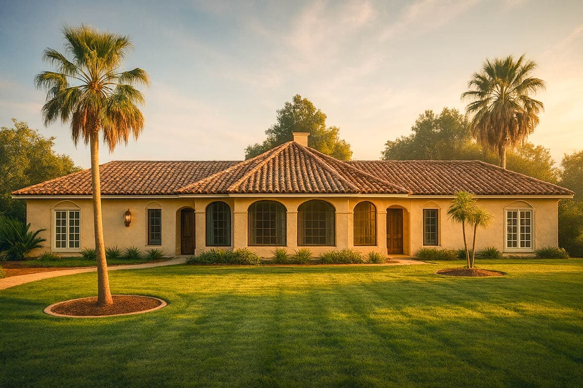 House plan exterior with Spanish tile roof, arched windows, and a covered entryway.