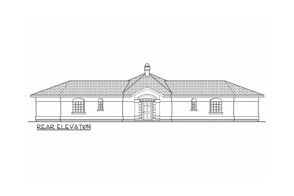 Rear elevation drawing of a one-story house plan with a hipped roof, central arched entry, and multiple windows.