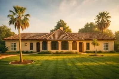 Mediterranean House Plan: 2 Beds, Split Layout, Wrap-Around Porch