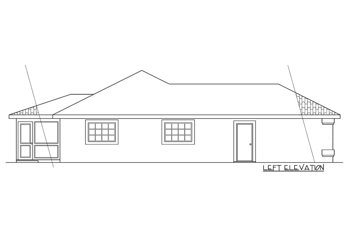 Left elevation drawing of a single-story house plan showing a covered entry, two windows, and a door.