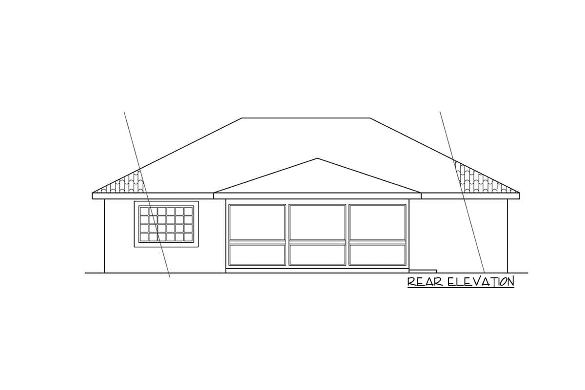Rear elevation drawing of a house plan featuring a multi-pane window and a bank of three windows under a hip roof with decorative gable ends.