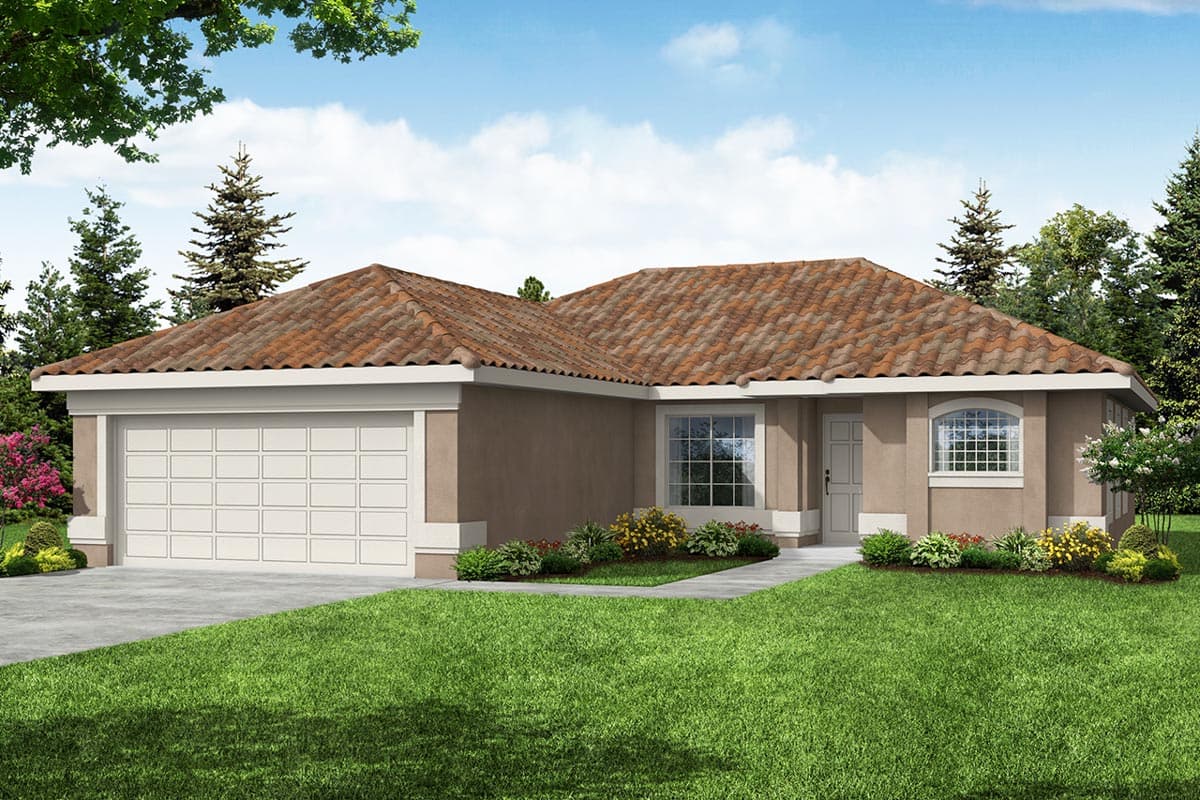 House plan exterior, single-story home with a tile roof, attached garage, and arched window.