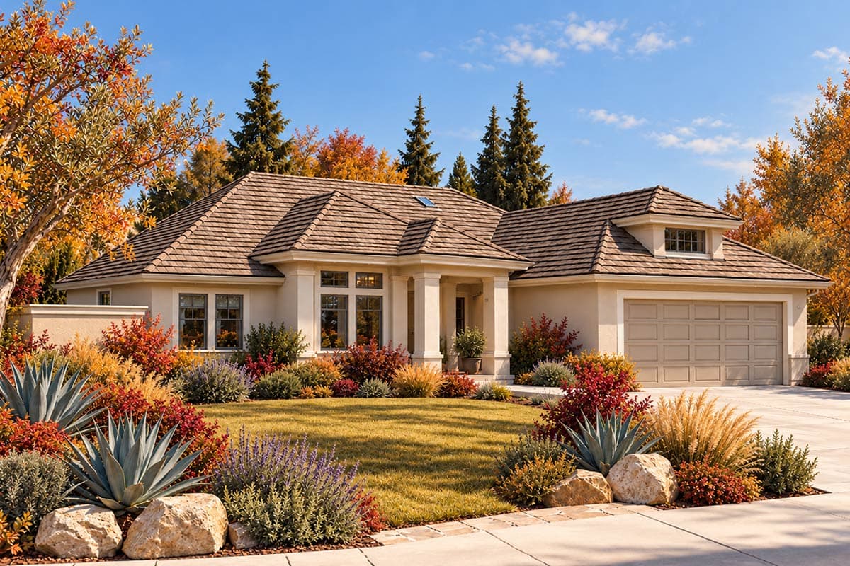 House plan exterior: Single-story Modern Ranch with low-pitched hip roof, portico, and attached two-car garage.