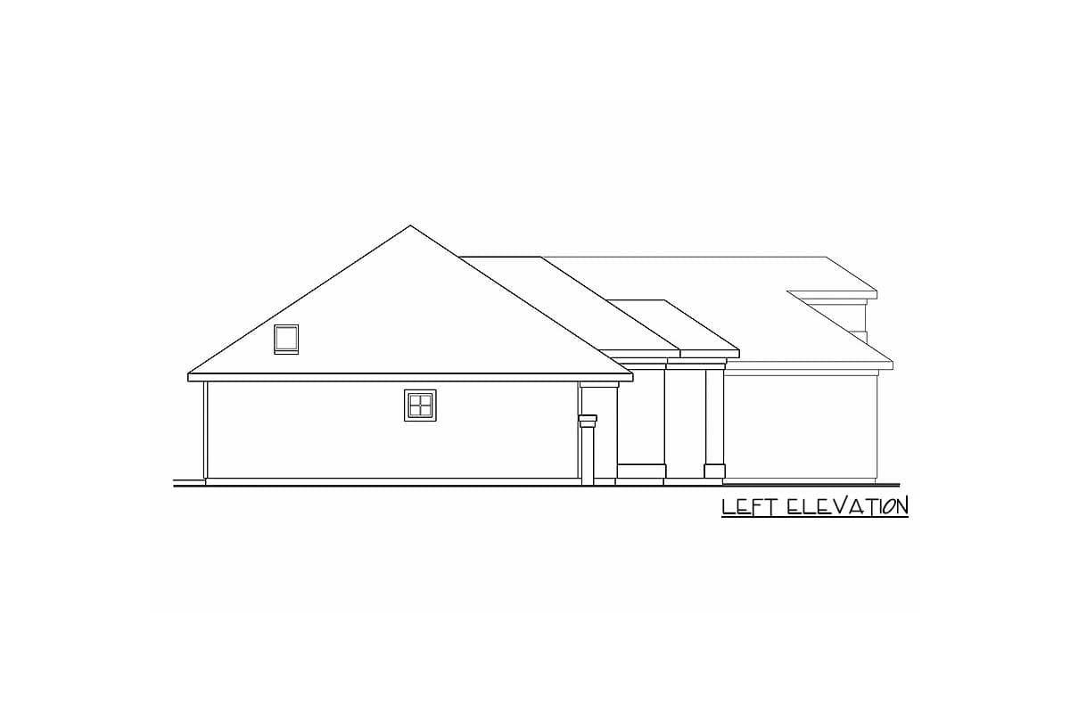 Left elevation drawing of a house plan showing rooflines, a small gable window, and porch columns.