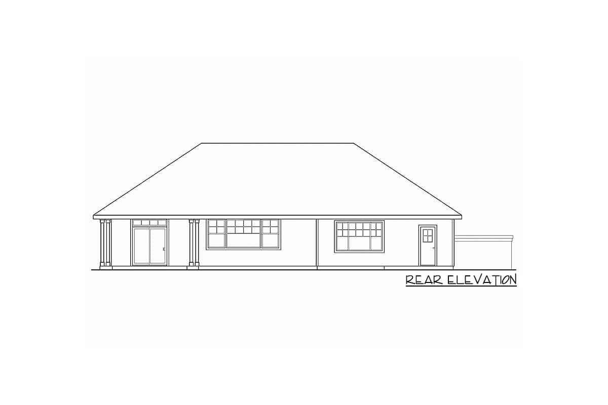 Rear elevation house plan shows a single-story structure with a porch, multiple windows, and a door.