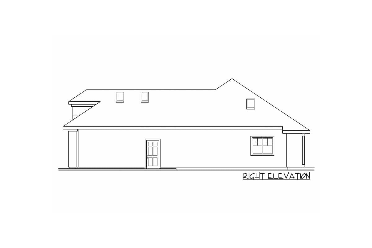 Right elevation house plan drawing showing a single-story structure with dormers, a door, and a window.
