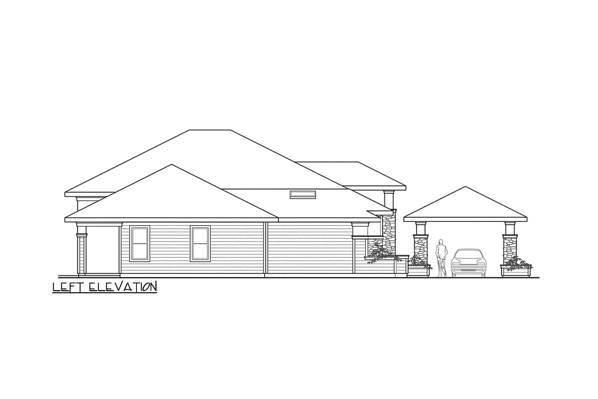 Left elevation drawing of a single-story house plan featuring horizontal siding, stone accents, and a detached carport.
