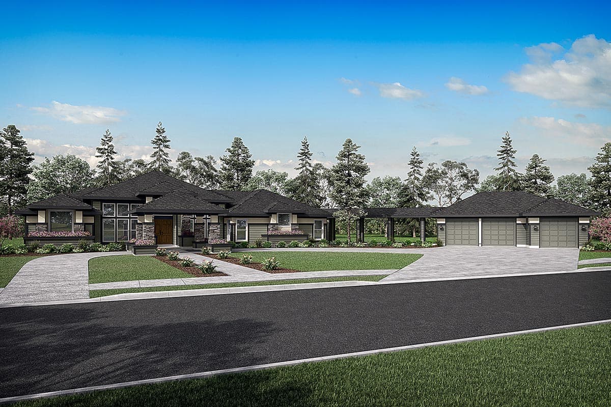 Modern ranch house plan exterior with large windows, layered rooflines, covered entry, and attached three-car garage.