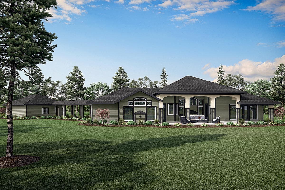 House plan exterior: single-story Modern Farmhouse with covered porch, gables, dormers, and attached garage.