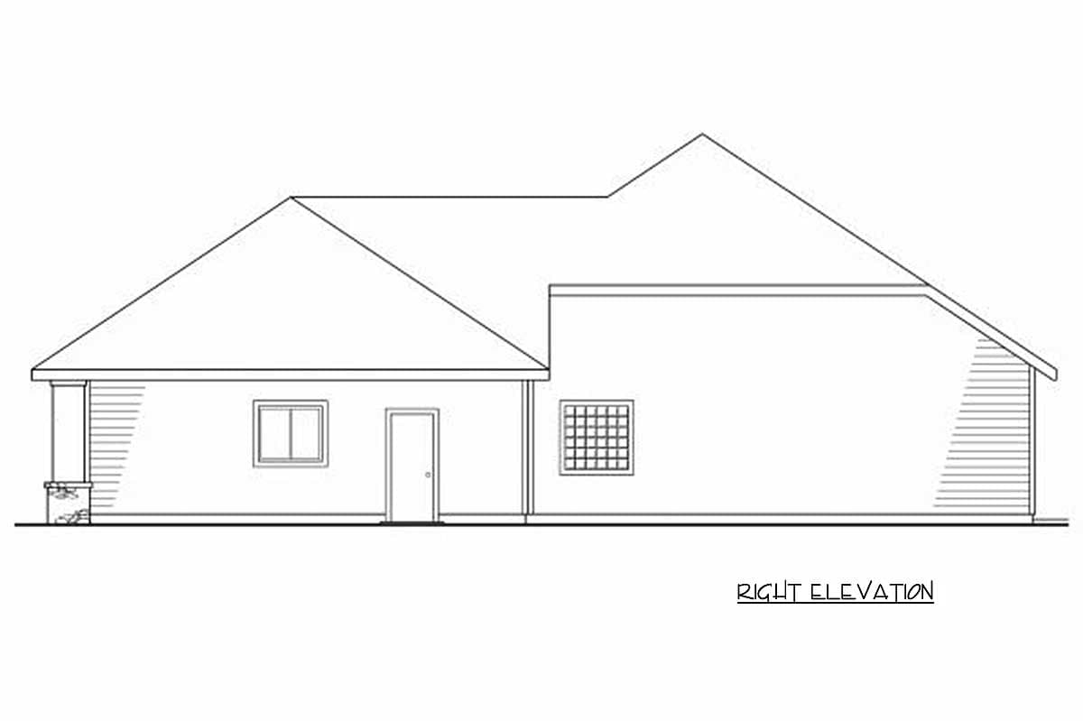 Right elevation drawing of a single-story house plan featuring a gabled roof, one window, and one door.