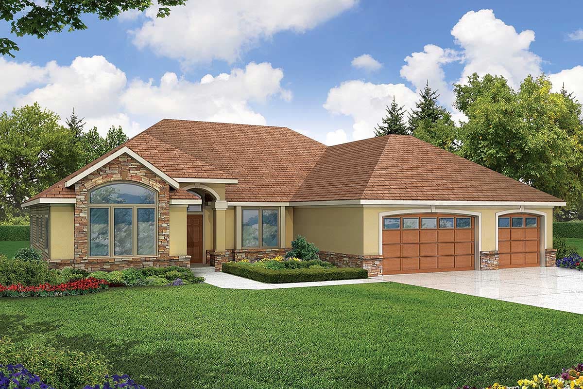 House plan exterior of a one-story home with a pitched roof, arched stone entryway, and a three-car garage.