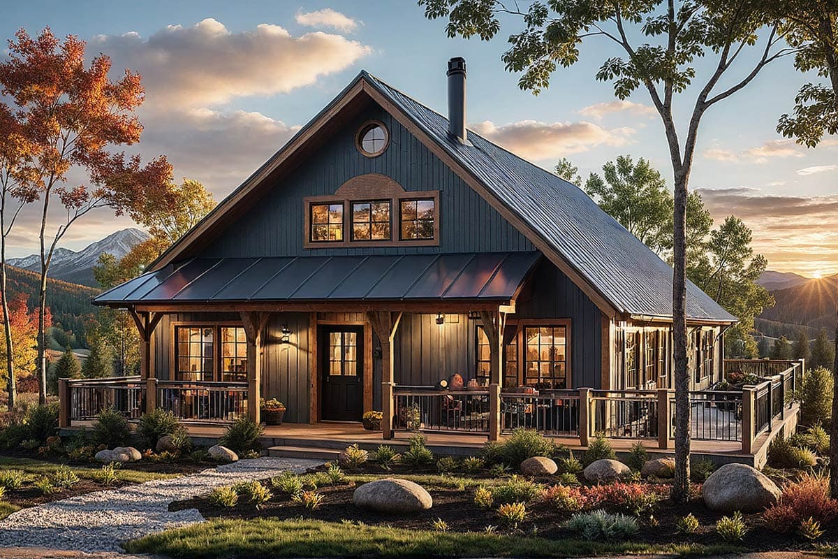 House plan exterior: Craftsman style, 1.5 stories, metal roof, covered porch with wood posts, gabled dormer, and circular attic window.