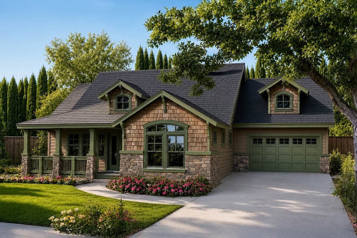 House plan exterior: Craftsman style, one-story with porch, dormers, and attached garage.