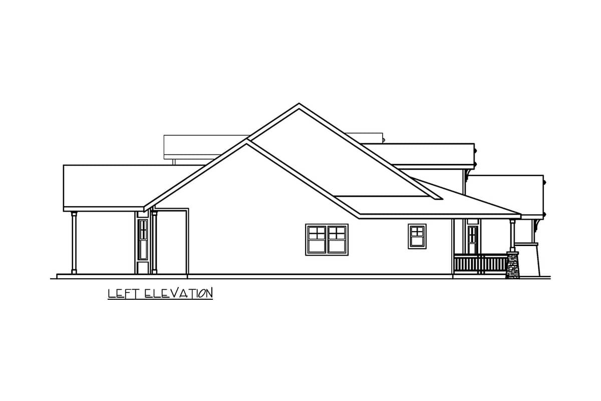 Left elevation of a house plan showing a covered porch with stone columns, multiple rooflines, and two windows.