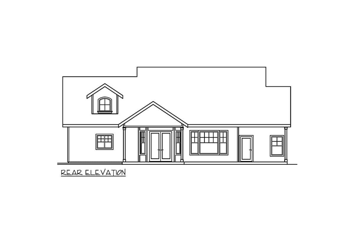 Right elevation house plan showing multiple gables, stone accents on porch supports, and a mix of window styles.