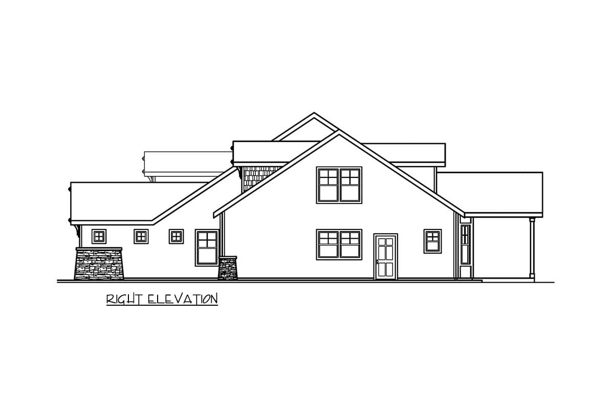 House plan elevation drawing showing a two-story residence with a dormer, covered entry, and large windows.