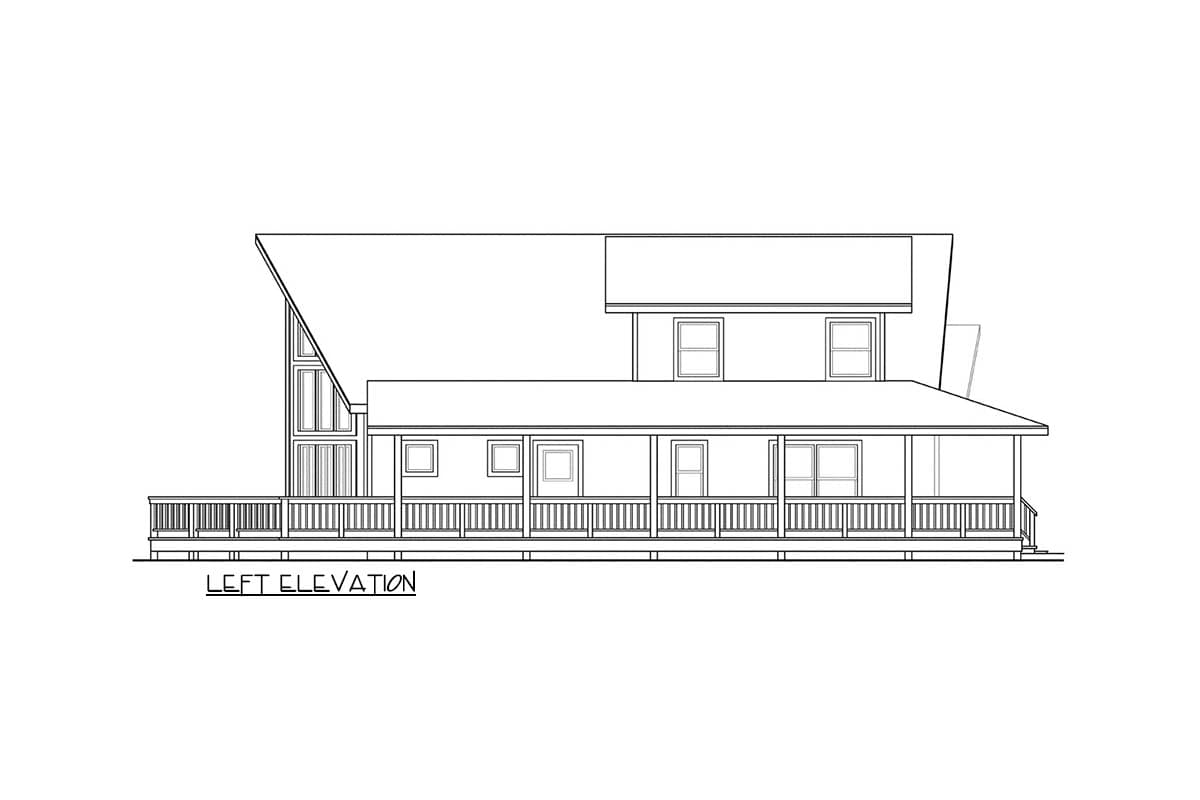 Front elevation drawing of a two-story house with a covered porch, gables, dormers, and multi-pane windows.