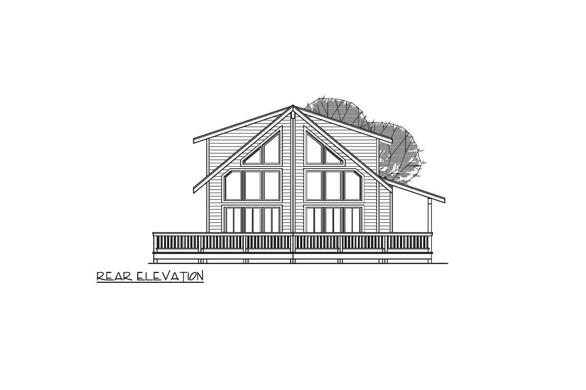 House plan exterior elevations: rear, left, and right views showing a multi-story building with a wrap-around porch and prominent gables.