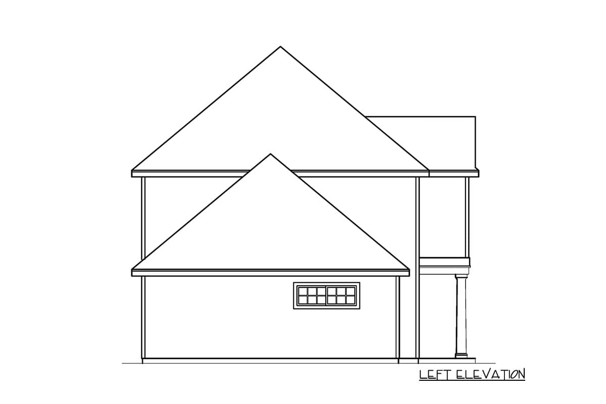 Left elevation drawing of a two-story house plan with gabled rooflines, a small rectangular window, and a porch with columns.