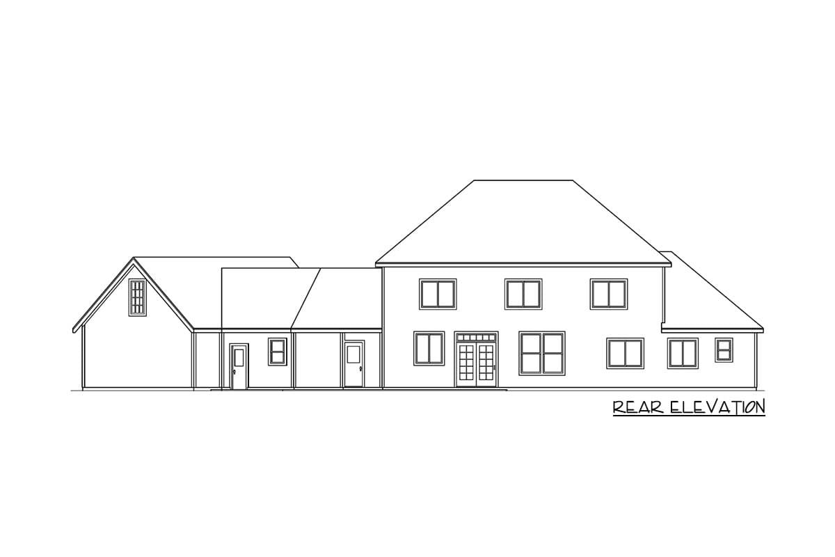 Rear elevation house plan showing multiple gables, several windows, double doors, and a two-story main section.