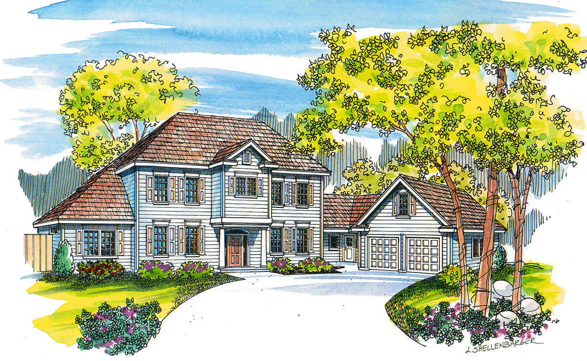 House plan exterior: two-story home with attached three-car garage, prominent gables, and a portico.