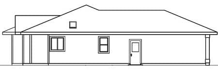 House plan elevation drawing showing a single-story structure with a covered porch, gable roof, and a dormer.