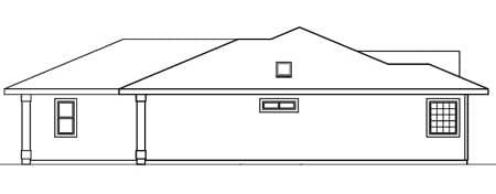 House plan side elevation drawing showing a single-story home with a pitched roof, dormer, and covered porch.