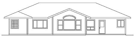 House plan exterior drawing of a single-story home with a prominent central gable and multi-pane window.